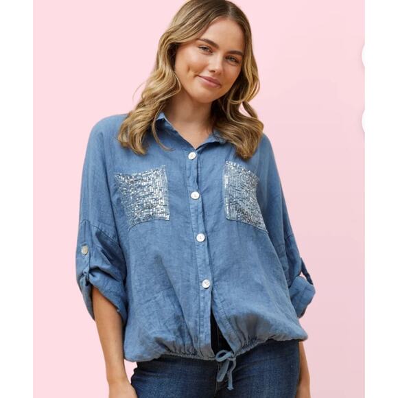 NEW NWT Made In Italy 100% Linen Size S/M 3/4 Roll-Up Sleeve Sequin Pockets Blue - Picture 1 of 9